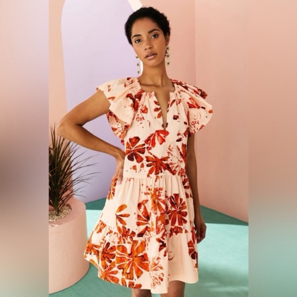 Marie Oliver Kara Aloha Poplin Mini Dress Flutter Sleeves Size Small